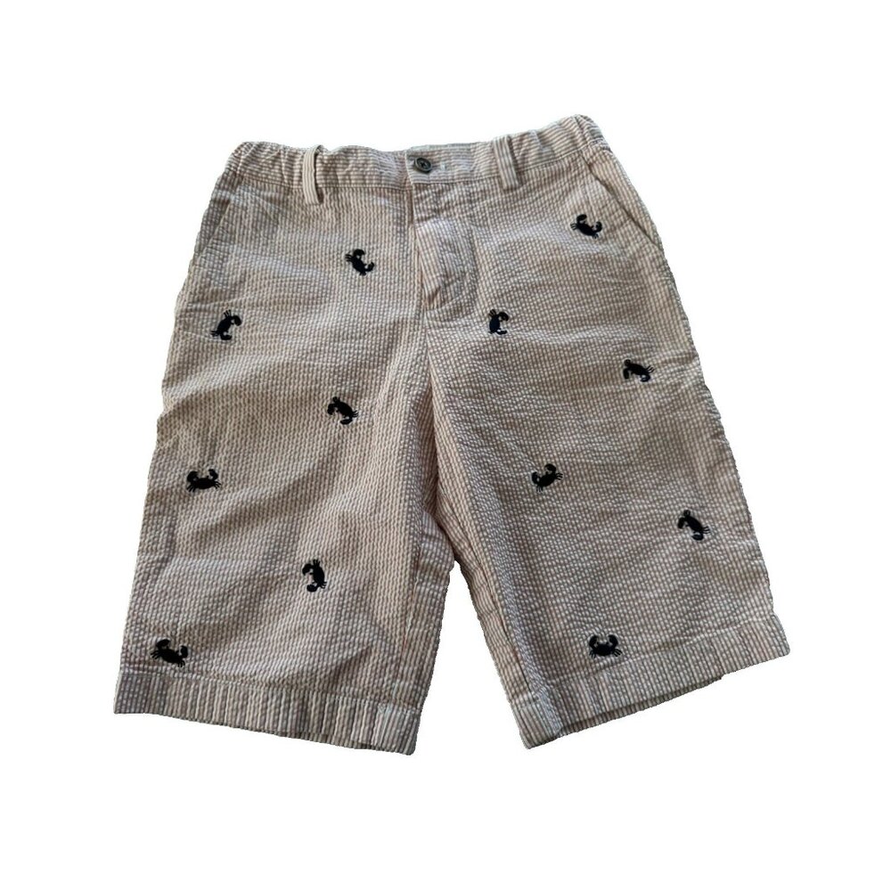 Brooks Brothers Seersucker Shorts Boys 12 Orange Stripe Crab Print 10" Vacation